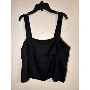 Women's Black Linen-Blend Square-Neck Crop Trendy Romantic Cottage core Top Medi